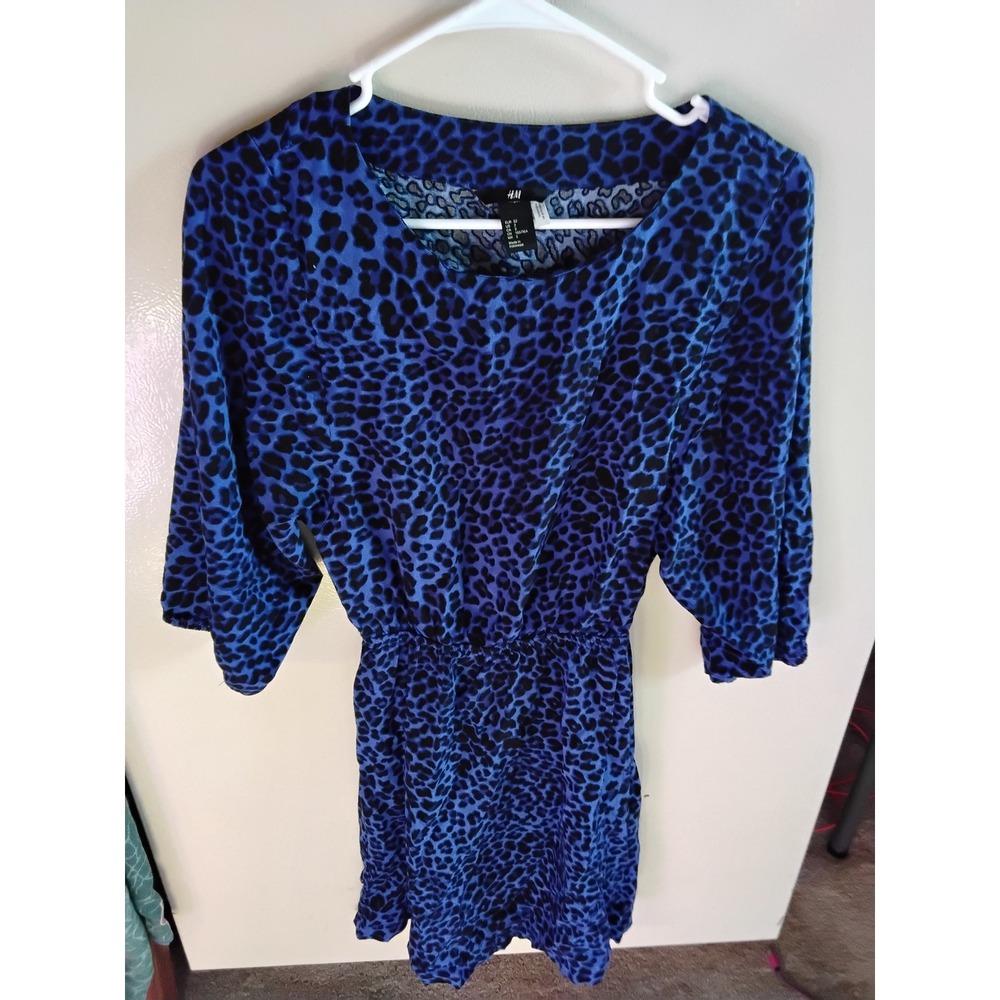 HM Blue Black Leopard‎ Print Dress Womens Size 2 Elastic Waist Half Sleeve Mini